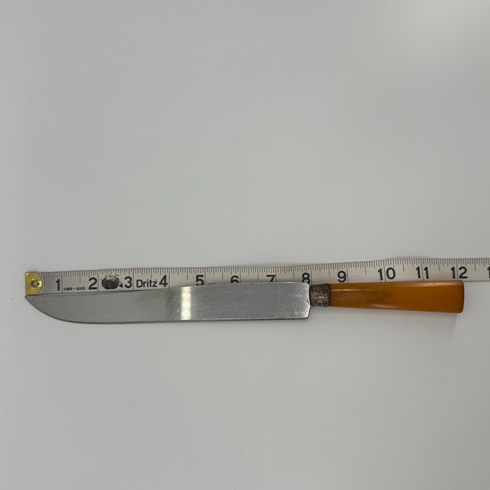 Vtg Stainless Steel Slicing Knife Amber Handle Carving Ham Roast Kitchen Utensil - Picture 6 of 7